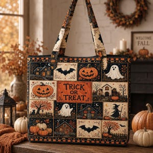 Könnte beinhalten: Eine rechteckige Tragetasche mit Patchwork-Design und Halloween-Motiven wie Kürbissen, Geistern, Fledermäusen, Häusern und einer Hexe. Das mittlere Feld zeigt den Text "TRICK OR TREAT" in schwarzen Buchstaben auf einem orangefarbenen Hintergrund.
