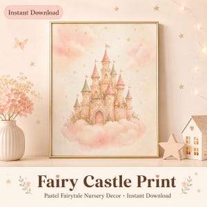 May include: A framed wall art print featuring a watercolour illustration of a pink and cream castle resting on fluffy clouds. The castle has multiple towers with pointed roofs, arched windows, and a central doorway, surrounded by soft golden stars.