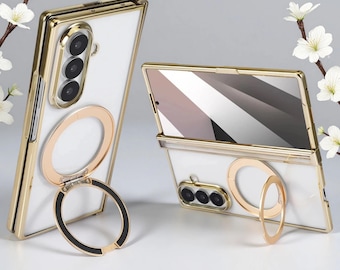 Funda transparente para Samsung Galaxy Z Fold 7, soporte de anillo magnético, cubierta trasera rígida a prueba de golpes.