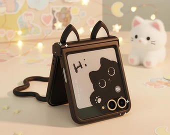 Funda para teléfono con orejas de gato para Samsung Galaxy Z Flip / Cubierta protectora negra a prueba de golpes