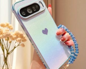 Funda para teléfono Google Pixel 9A con diseño de corazón, cadena de cristal y cubierta de silicona galvanizada.