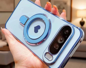 Funda MagSafe con soporte en forma de corazón para Google Pixel, funda magnética chapada con soporte de anillo para teléfono