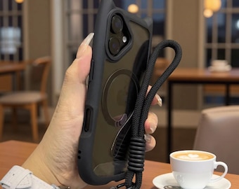 Funda MagSafe con orejas de gato para iPhone / Funda transparente de TPU a prueba de golpes con correa de muñeca
