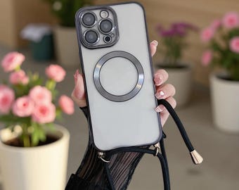 Funda transparente MagSafe tipo bandolera con cordón para iPhone / Funda de carga inalámbrica magnética