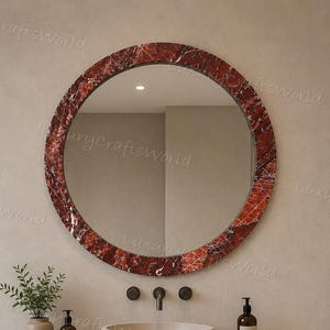 Large Rosso Levanto Marble Mosaic Mirror | Luxury Modern Bathroom Vanity Wall Decor