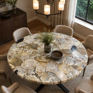 Mesa de comedor redonda de piedra de ágata / Mesa de cocina de lujo con pedestal de piedras semipreciosas
