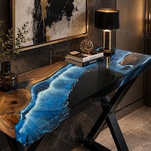 Luxury Ocean Epoxy River Console Table, Live Edge Walnut Hallway Table, Resin Wave Entryway Table, Modern Coastal Furniture, Sofa Table