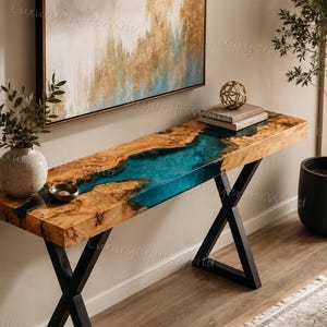 Live Edge Epoxy Resin Console Table, Turquoise River Entryway Table, Custom Walnut Sofa Table, Modern Hallway Furniture