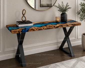 Handgjort konsolbord i valnötsträ med live edge, blått epoxi-mönster | Modernt soffbord för entrén |