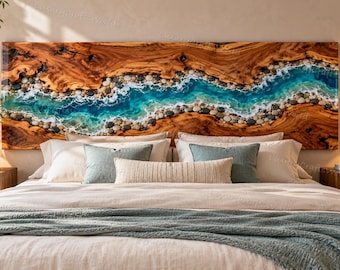 Live Edge Wood and Turquoise Epoxy Resin Headboard, Luxury Handmade Wooden Headboard Ocean Wave Bedroom Wall Decor Epoxy River Headboard