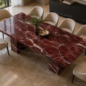 Mesa de comedor de mármol Rosso Levanto, piedra roja hecha a mano, base de pedestal rectangular moderna.