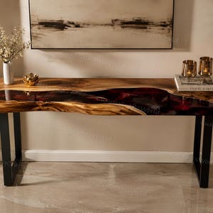 One of a Kind Walnut Epoxy River Tabletop | Burgundy Resin | Handcrafted Luxury Wood Furniture |