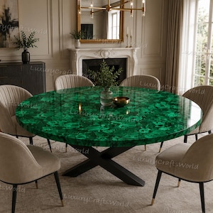 Mesa de comedor redonda de malaquita, piedra verde natural, moderna, muebles a medida.