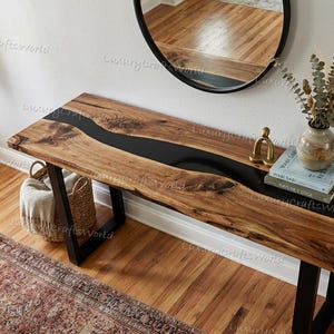 Live Edge Walnut Console Table, Black Resin River Entryway Table