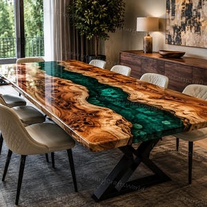 Handmade Live Edge Olive Wood Epoxy River Dining Table, Emerald Green Resin Wood Furniture