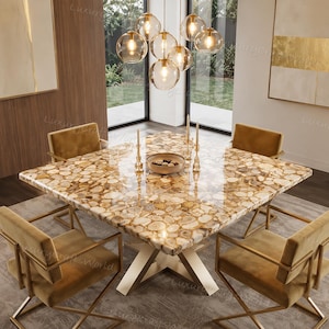 Luxury Brown Agate Square Dining Table | Handmade Semi-Precious Stone Statement Furniture