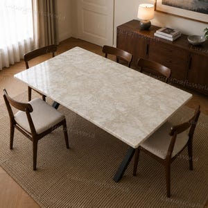 Op de afbeelding: Een rechthoekige eettafel met een lichtbeige blad met marmerpatroon en zwarte metalen poten, vergezeld van vier houten stoelen met lichtgekleurde gestoffeerde zittingen. De tafel staat op een groot, gestructureerd, rechthoekig geweven vloerkleed.
