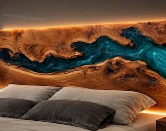 Custom Live Edge Wood Headboard | Ocean Blue Epoxy Resin Bed Headboard | Luxury Handmade Bedroom Decor | Rustic Modern Headboard