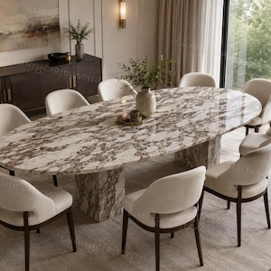 Handmade Oval Calacatta Viola Marble Dining Table, Natural Stone Pedestal Furniture