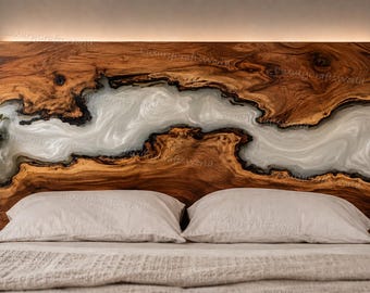 Olive Wood Epoxy Resin Headboard | Handmade Live Edge Bedhead | Modern River Resin Wall Panel | Custom King Queen Bed |
