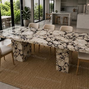 Breccia Marble Dining Table, Rectangular Stone Kitchen Table, Double Pedestal Base