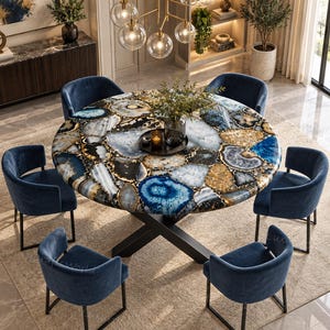Handcrafted Blue Agate Dining Table Top, Round Gemstone Furniture, Custom Sizes Available