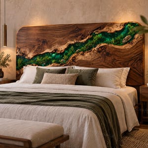 Live Edge Walnut Bedhead | Emerald Green Epoxy River Design | Handcrafted Luxury Headboard