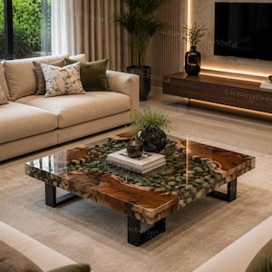 May include: A square coffee table featuring a natural wood slab edge and a clear resin center filled with smooth grey river stones. The table is supported by four black metal legs and holds a small dark bowl and a stack of books on its surface.