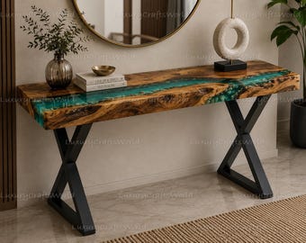 Mesa consola de nogal con borde natural y resina epoxi, muebles de entrada color turquesa.