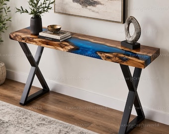 Handmade Live Edge Console Table, Blue Epoxy River Wood Table, Entryway Accent Table, Modern Rustic Hallway Furniture |