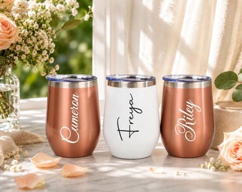 Vaso de vino personalizado grabado, taza de acero inoxidable personalizada, taza de viaje isotérmica, regalo de boda para damas de honor, para mamá, para él y para ella.