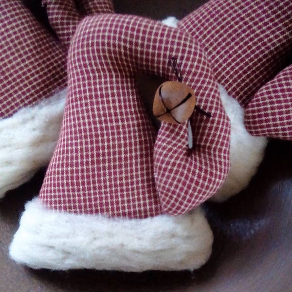 Set of 3 Primitive Homespun Santa's Hat Ornaments/Tucks/Bowl Fillers With Real Wool Trim