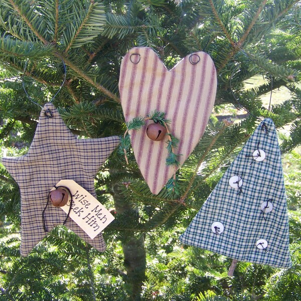 Set of 3 Primitive Homespun Heart, Star, And Tree Flattie Ornaments/Ornies/Hangers