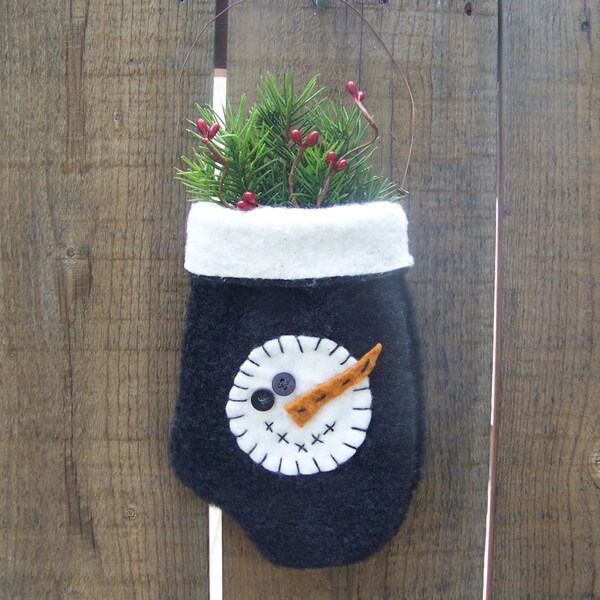 Primitive Snowman Mitten Hanger With Pip Berries and Greens