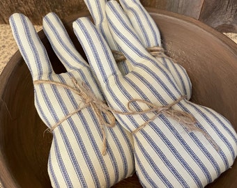 Set of 3 Primitive Ticking Fabric Bunnies in Blue and White Rustic Spring Bowl Fillers