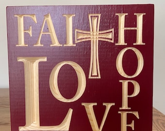 Primitive Faith Hope Love Sign Solid Pine With Burgundy Rustic Home Decor