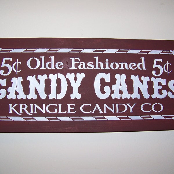 Olde Fashioned Candy Cane Burgundy With White Primitive Woodcraft Stencilled Sign