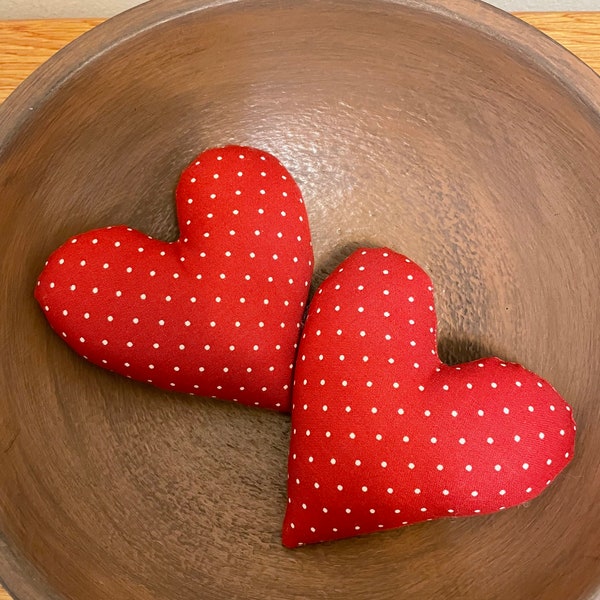 Pair of Primitive Red Hearts With Polka Dots Bowl Basket Fillers Rustic Valentine Decor