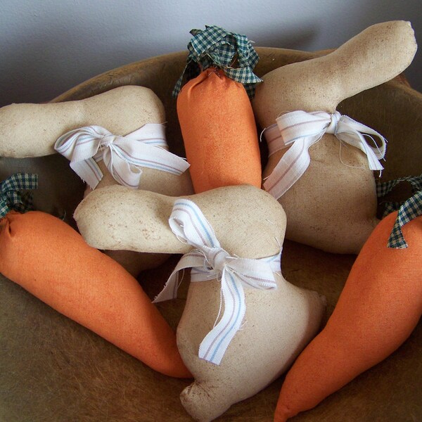 Bunnies in the Carrot Patch Set of Six Primitive Bunny and Carrot Bowl Fillers