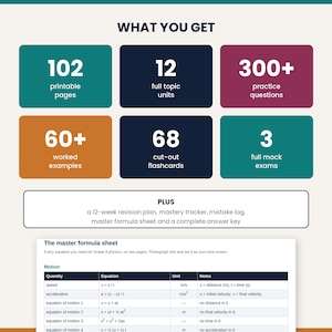 May include: A digital educational resource for Grade 9 physics featuring 102 printable pages, 12 topic units, 300+ practice questions, 60+ worked examples, 68 flashcards, 3 mock exams, a revision plan, tracker, log, answer key, and a master formula sheet.