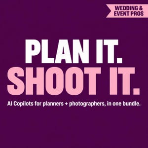 May include: A dark purple graphic with a light pink banner in the top right corner reading WEDDING & EVENT PROS. The text PLAN IT. SHOOT IT. appears in large white and light pink letters, followed by the text AI Copilots for planners + photographers, in one bundle.