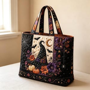 May include: A quilted tote bag featuring a central panel with a witch hat, crescent moon, and bats. The design includes orange pumpkins, purple and orange flowers, and spiderwebs on a black background. It has two matching fabric handles.