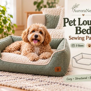 May include: A sage green pet lounge bed with cream-colored interior lining and piping. The text reads AuroraNest Pet Lounge Bed Sewing Pattern, 3 Sizes, Dog + Cat, Cozy, Structured, Easy to Sew. A line drawing of the bed is included.