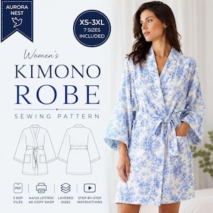 Könnte beinhalten: Ein Schnittmuster für einen Kimono-Bademantel mit blau-weißem Blumenmuster. Der Text lautet Aurora Nest, Women's Kimono Robe Sewing Pattern, XS-3XL 7 sizes included, 5 PDF files, A4/US Letter/A0 copy shop, layered sizes, step-by-step instructions.