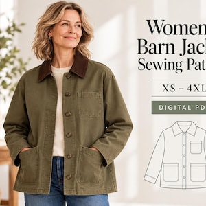 Women’s Fully Lined Barn Jacket Sewing Pattern, Structured Chore Coat, XS–4XL