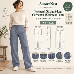 May include: A digital sewing pattern for straight-leg carpenter workwear pants by AuroraNest, labeled AUR-SP-036. The pattern includes sizes XS-3XL, featuring technical line drawings of front, side, and back views, plus details on the waistband and pockets.