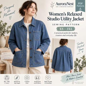 May include: A blue denim utility jacket sewing pattern featuring a relaxed fit, a collared neckline, a five-button front closure, and two large patch pockets. The design includes a back yoke with a centre pleat, shown in both front and back views.