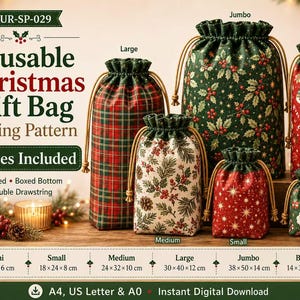 Può includere: Un set di sei sacchetti regalo natalizi riutilizzabili in varie dimensioni e fantasie festive, tra cui tartan, agrifoglio e stampe di Babbo Natale. Ogni sacchetto presenta una doppia chiusura a coulisse, fodera e fondo squadrato. Testo: Reusable Christmas Gift Bag Sewing Pattern, 6 Sizes Included, con dimensioni da 12x16x6 cm a 38x50x14 cm.