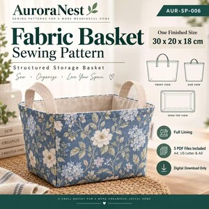 May include: A rectangular fabric basket sewing pattern by AuroraNest featuring a blue floral print exterior, beige lining, and two handles. The pattern includes a finished size of 30 x 20 x 18 cm, full lining, and five PDF files for digital download.