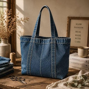 Puede incluir: Un bolso tote de mezclilla azul medio con dos paneles verticales cosidos en la parte delantera, dos correas largas para el hombro y una base rectangular. El bolso está confeccionado en tela de mezclilla de algodón con costuras visibles.